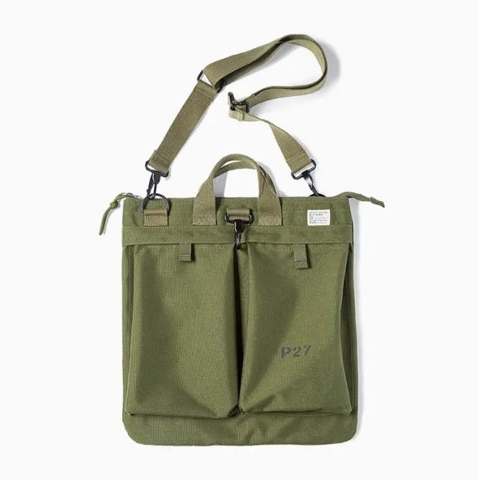Retro military green canvas messenger bag with crossbody strap and zipper closure