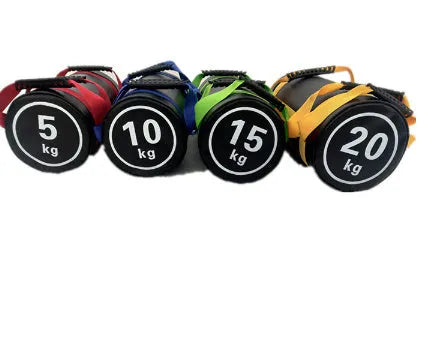 White PVC fitness sandbag for weight training, shown with weight options from 5 to 30 kilograms.