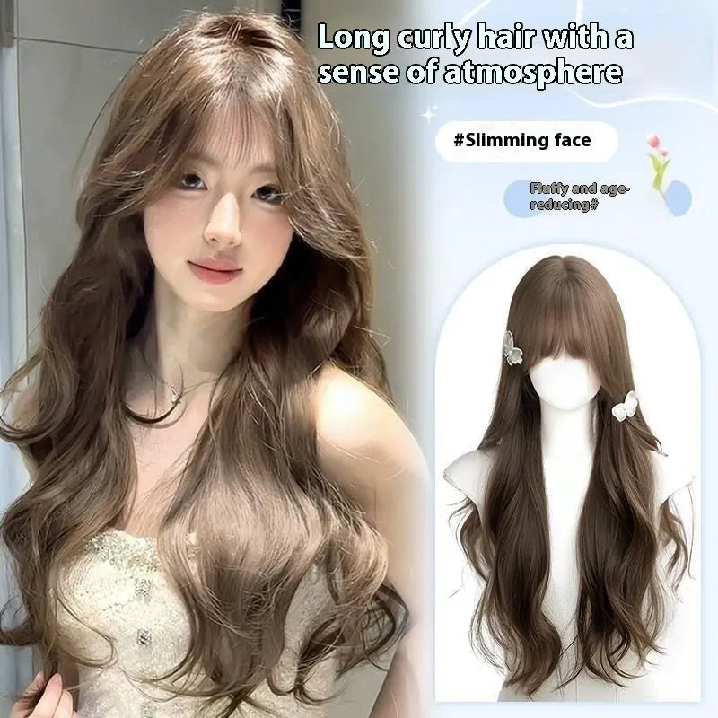Long curly hazelnut grey brown big wave wig with five piece care set for ladies daily wear