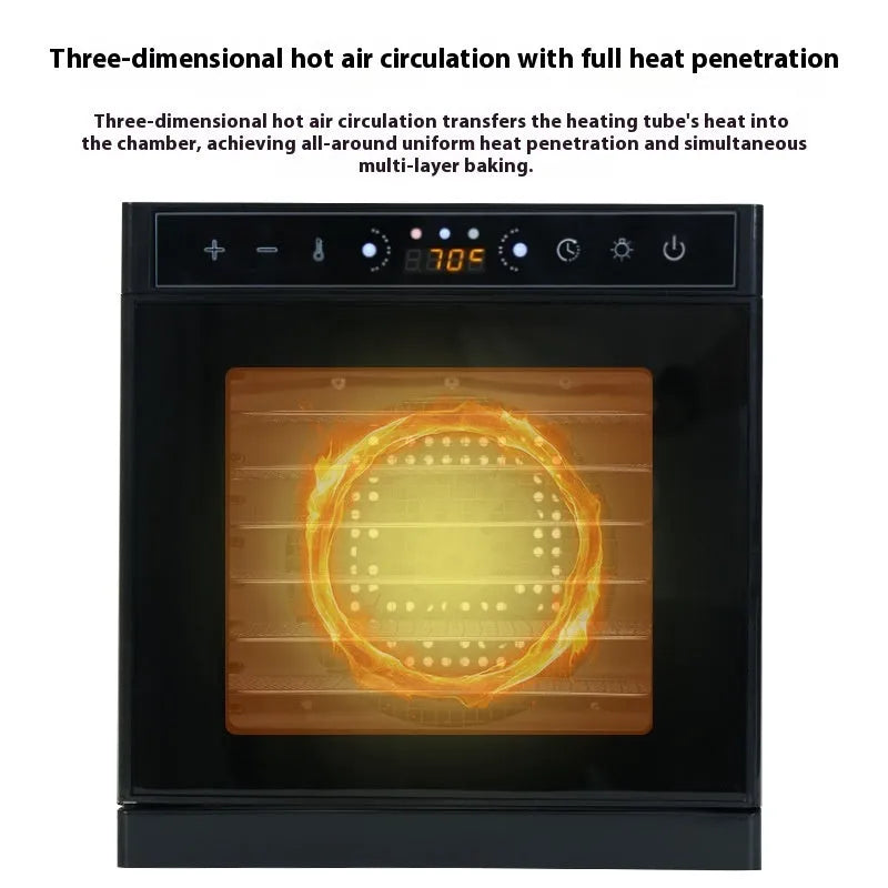 Stainless steel food dehydrator with multiple trays and an LED control panel.
