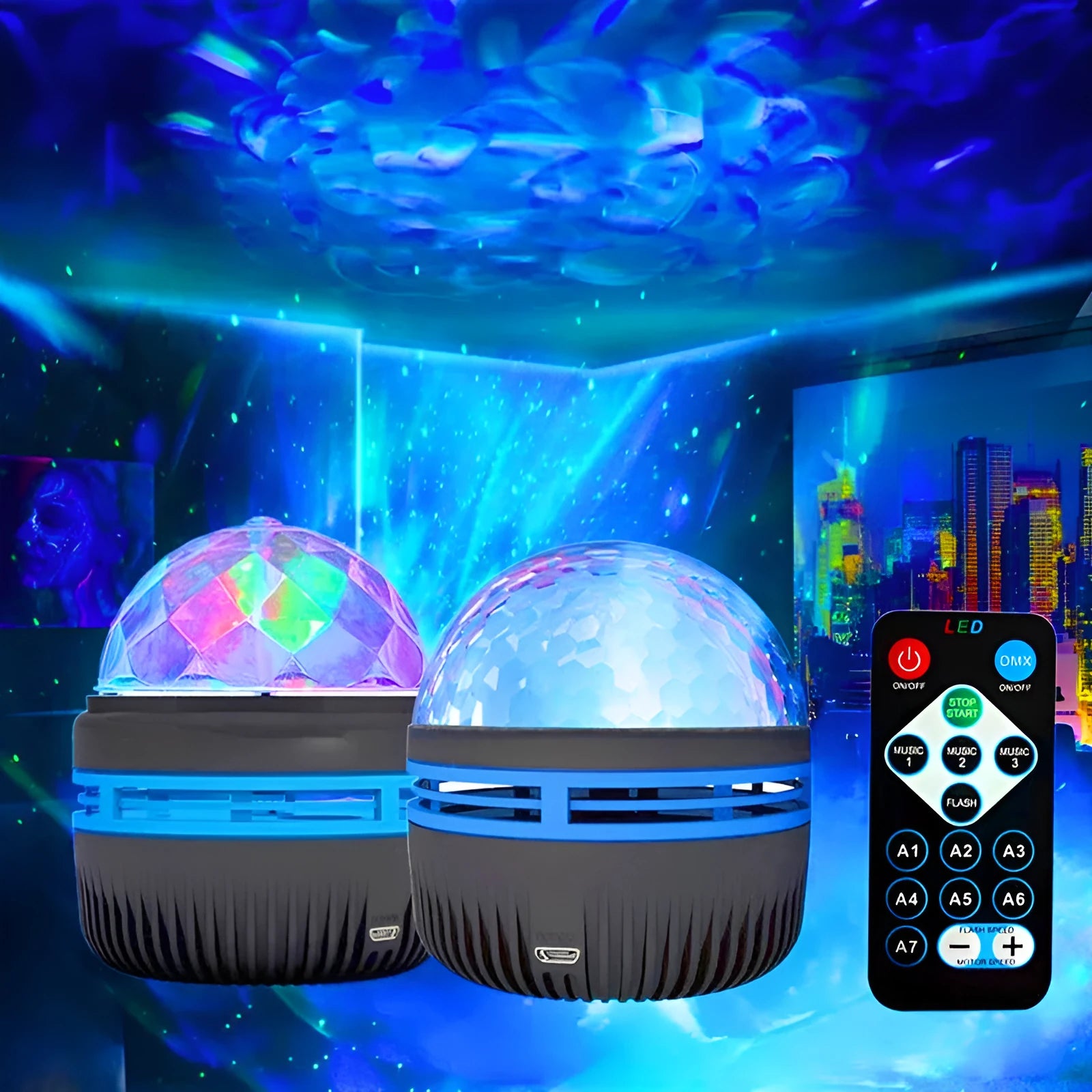 LED star galaxy projector lamp with colourful rotating light on a dark surface