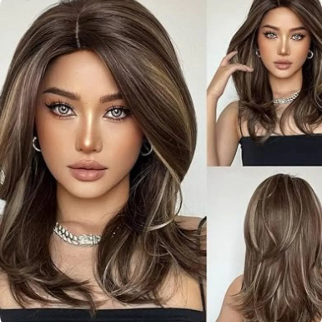 Mid-length curly synthetic wig with long bangs in a gradient colour.