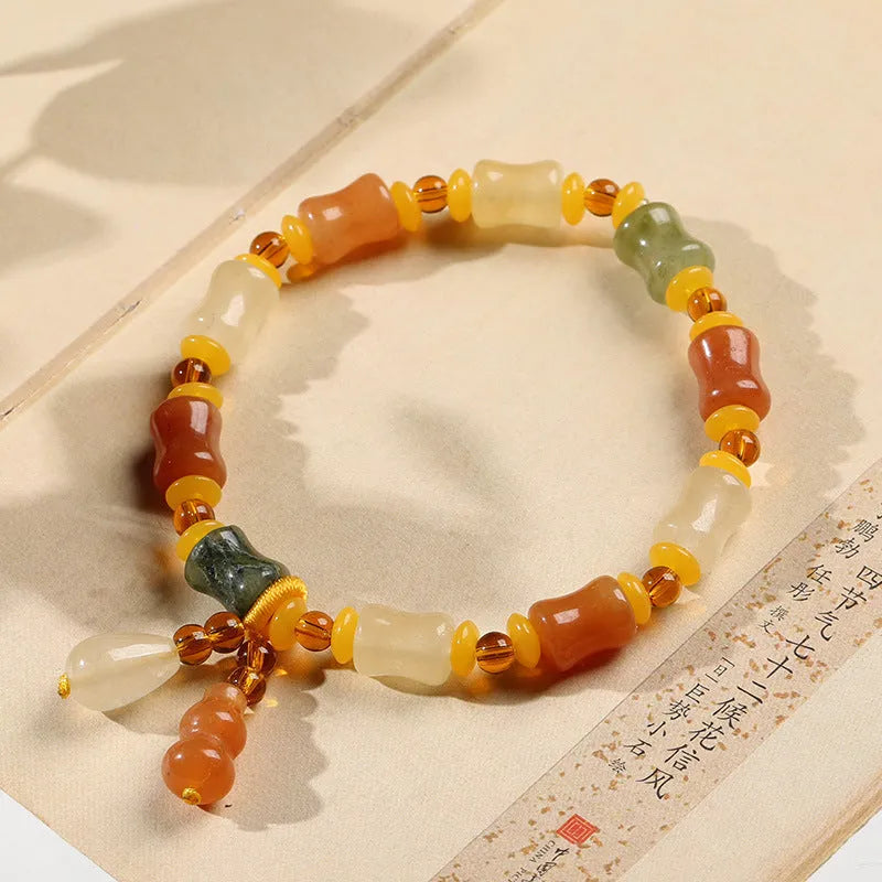 Natural Xinjiang Jinsi Jade small bone beads bracelet with geometric Chinese design