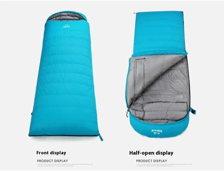 Black outdoor sleeping bag with goose down insulation and tear-resistant nylon fabric