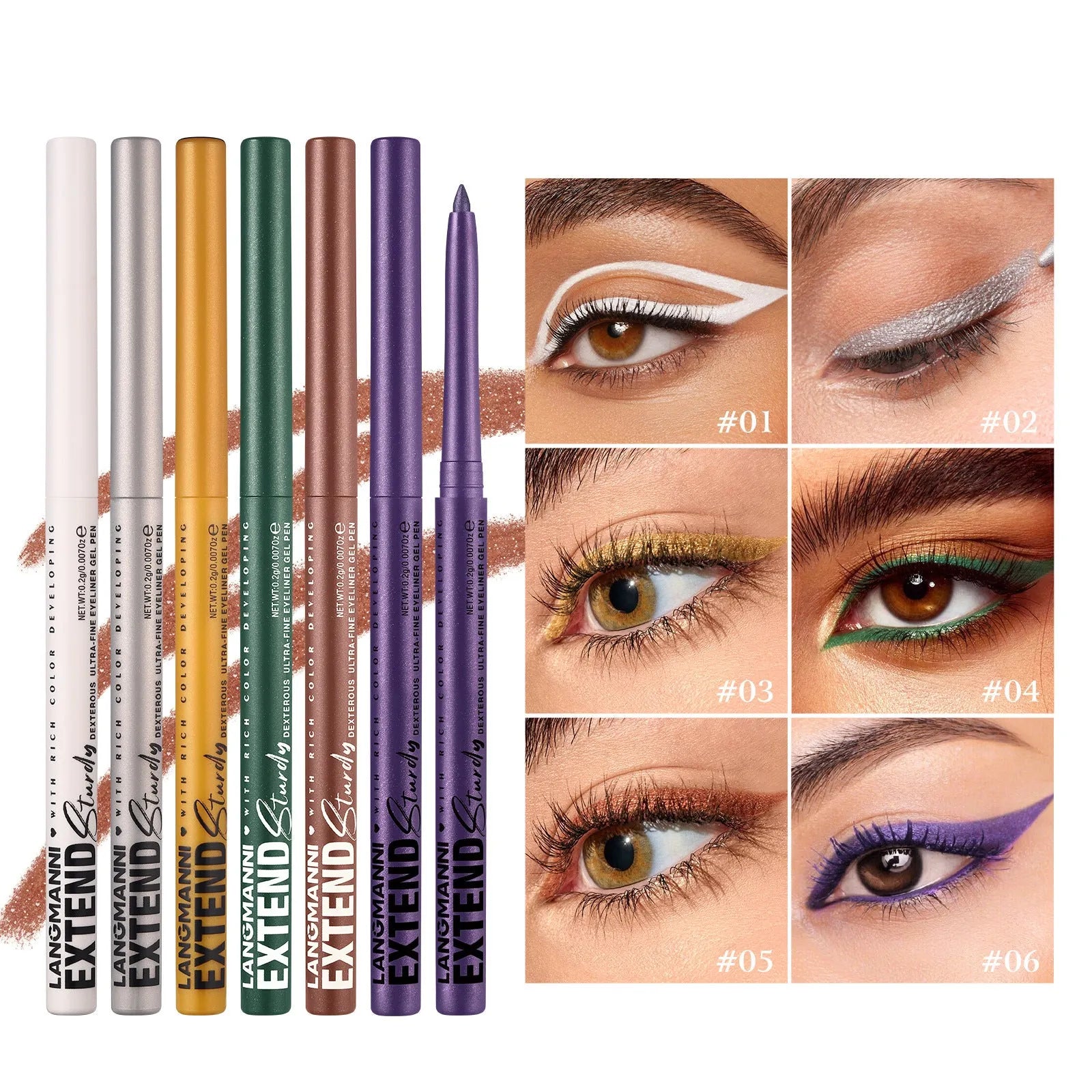 Set of 12 colourful gel glitter eyeliner pencils in vibrant shades for waterproof, long-lasting makeup.