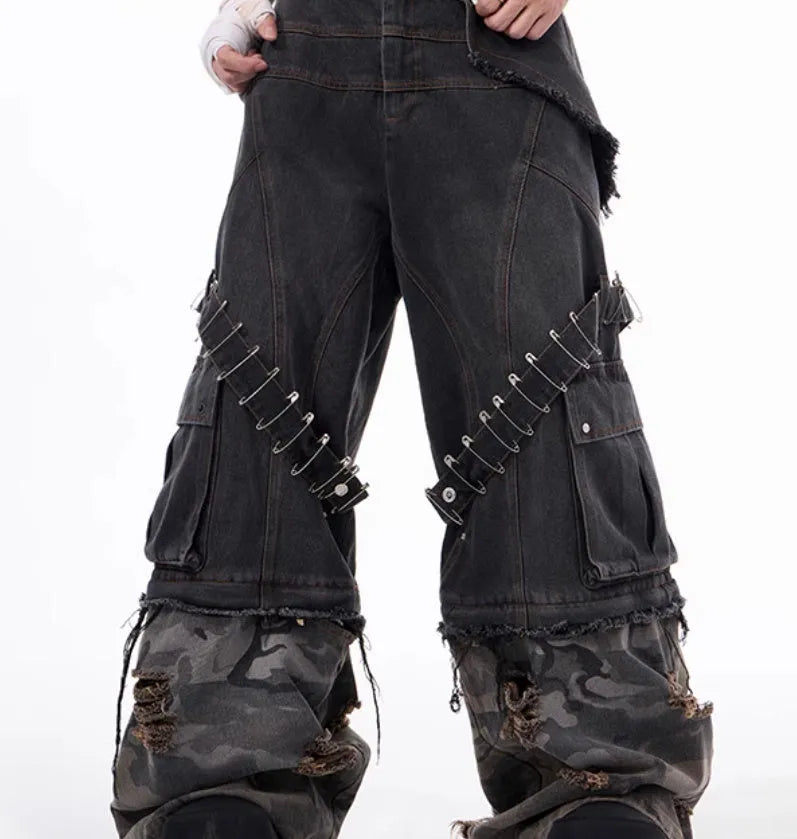 Men's grey camouflage jeans with splicing structure and pin ribbon detailing in cotton denim