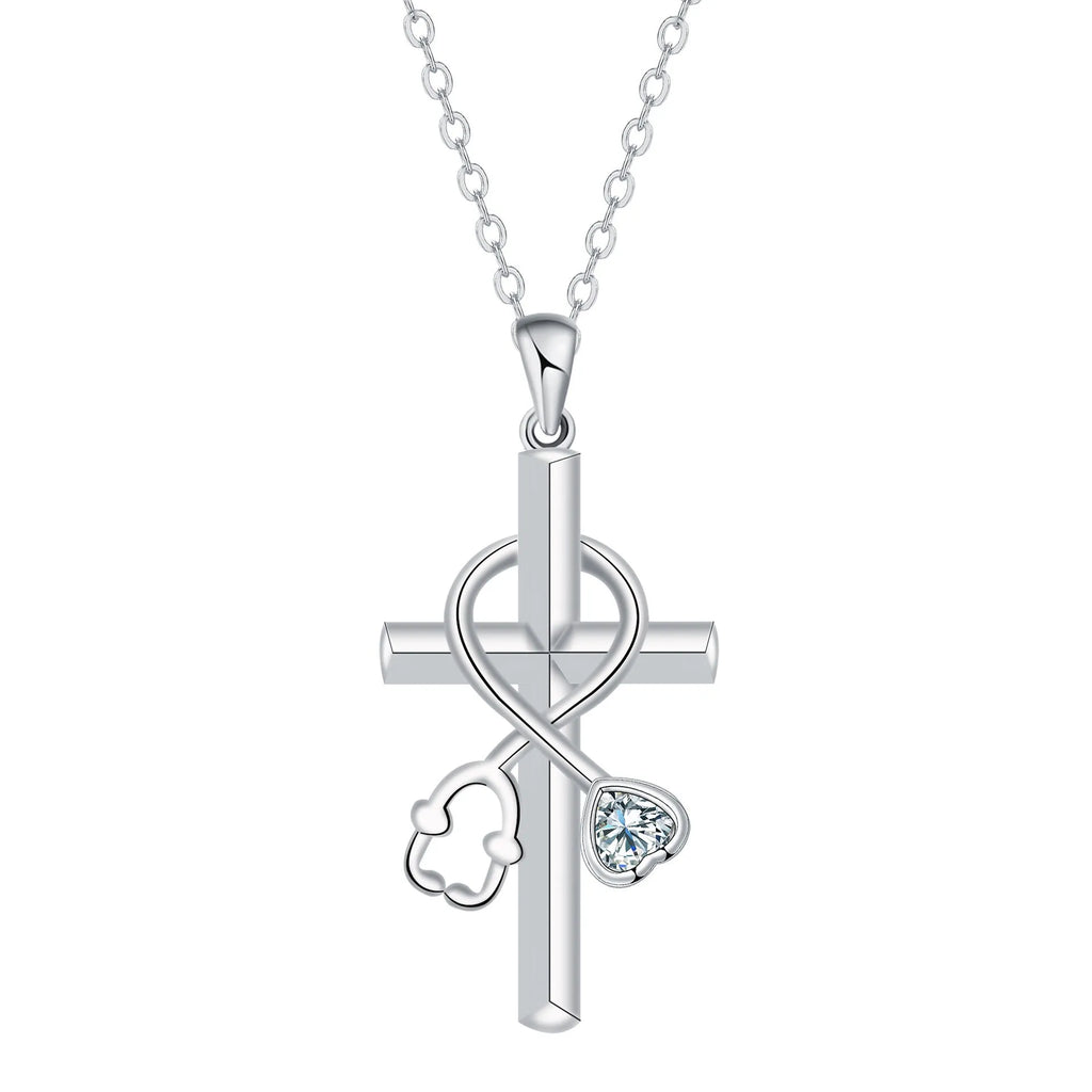 Copper cross stethoscope pendant necklace on a cross chain for women.