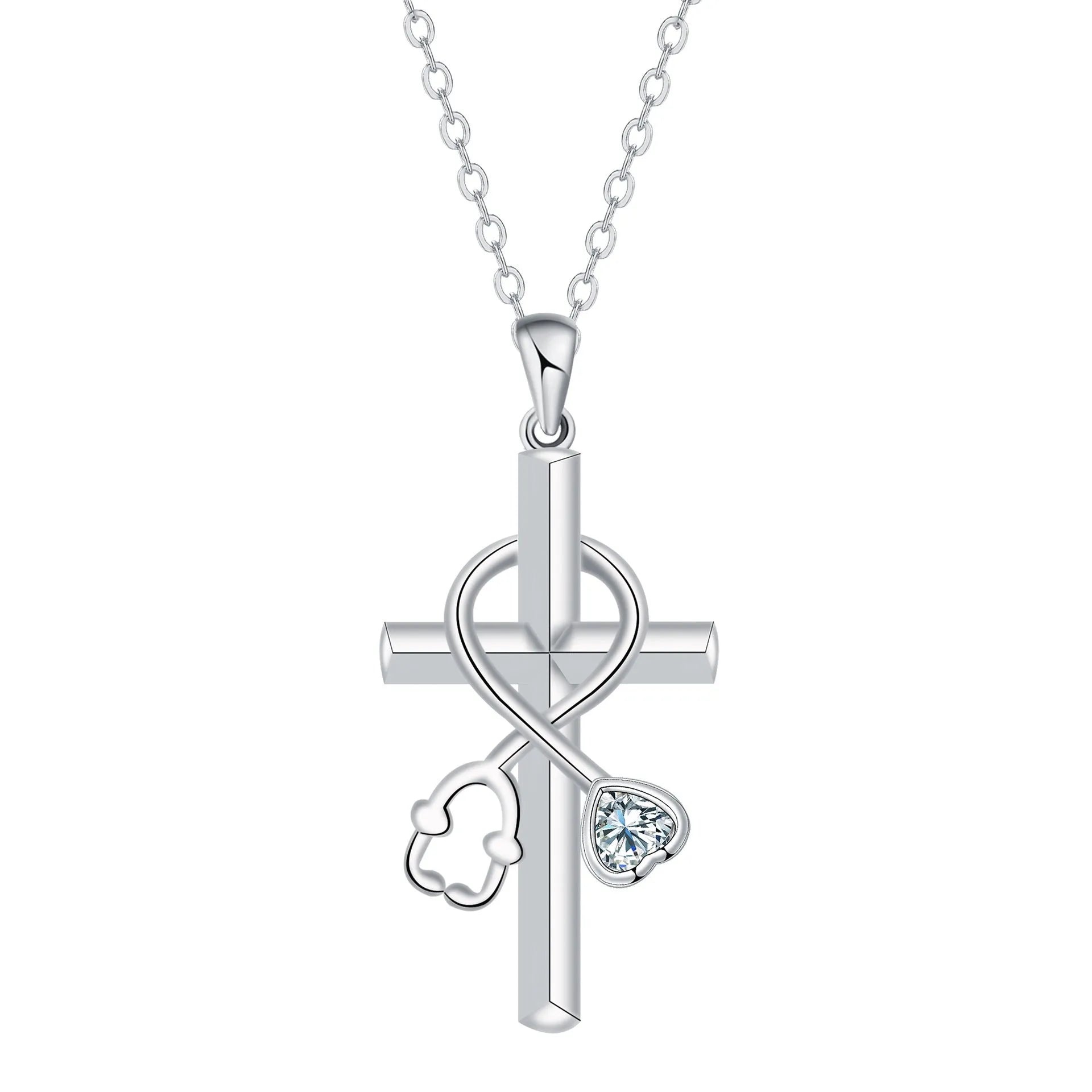 Copper cross stethoscope pendant necklace on a cross chain for women.
