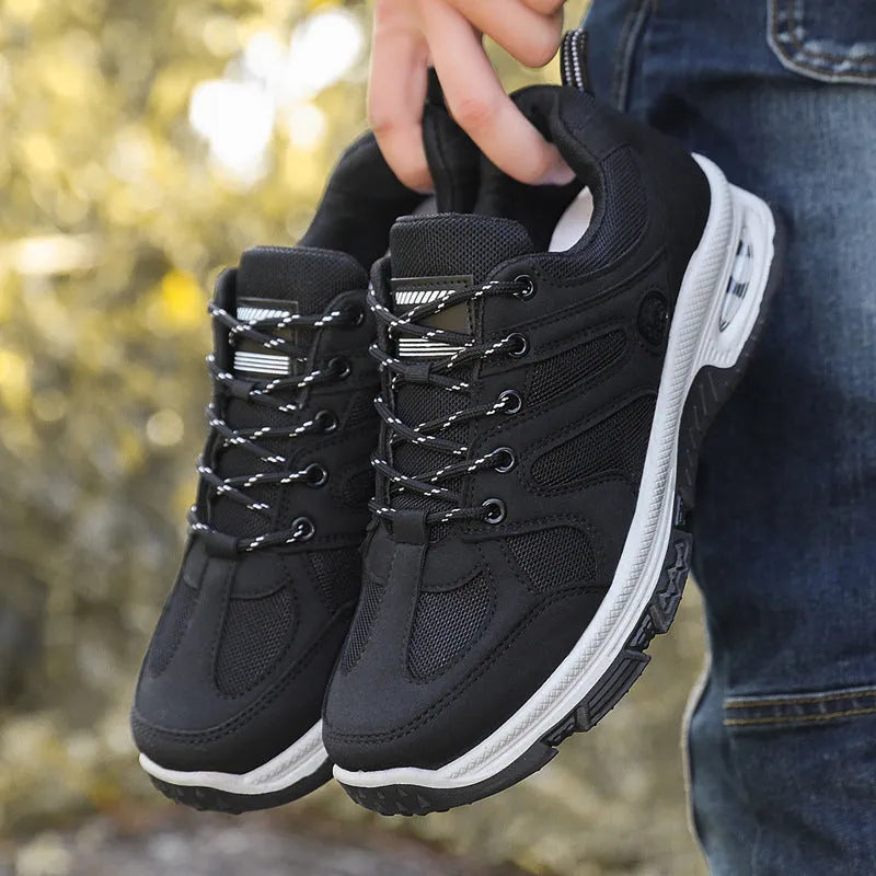 Men's breathable mesh sneakers with EVA sole, elastic lace-up fit, black camel grey, sizes 39 to 45