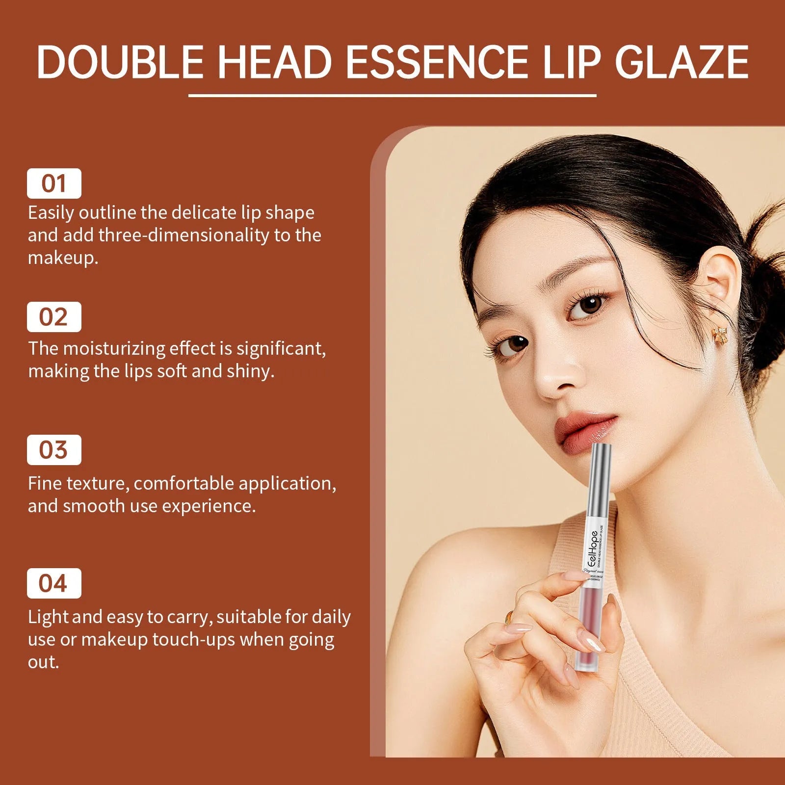 Double-headed lip pen showing lip liner on one end and liquid lacquer applicator on the other
