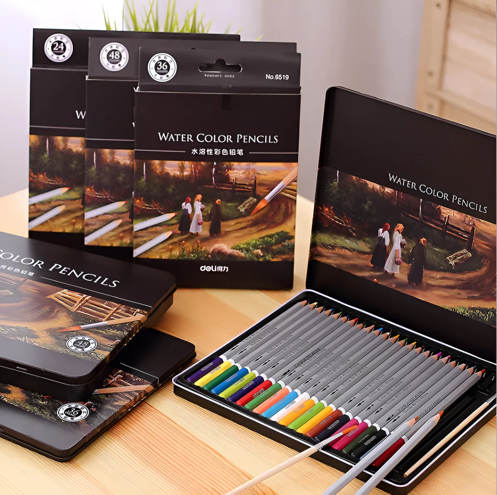 Water soluble coloured pencils in 24, 36, 48 and 72 colour sets with metal shell and carton or iron box