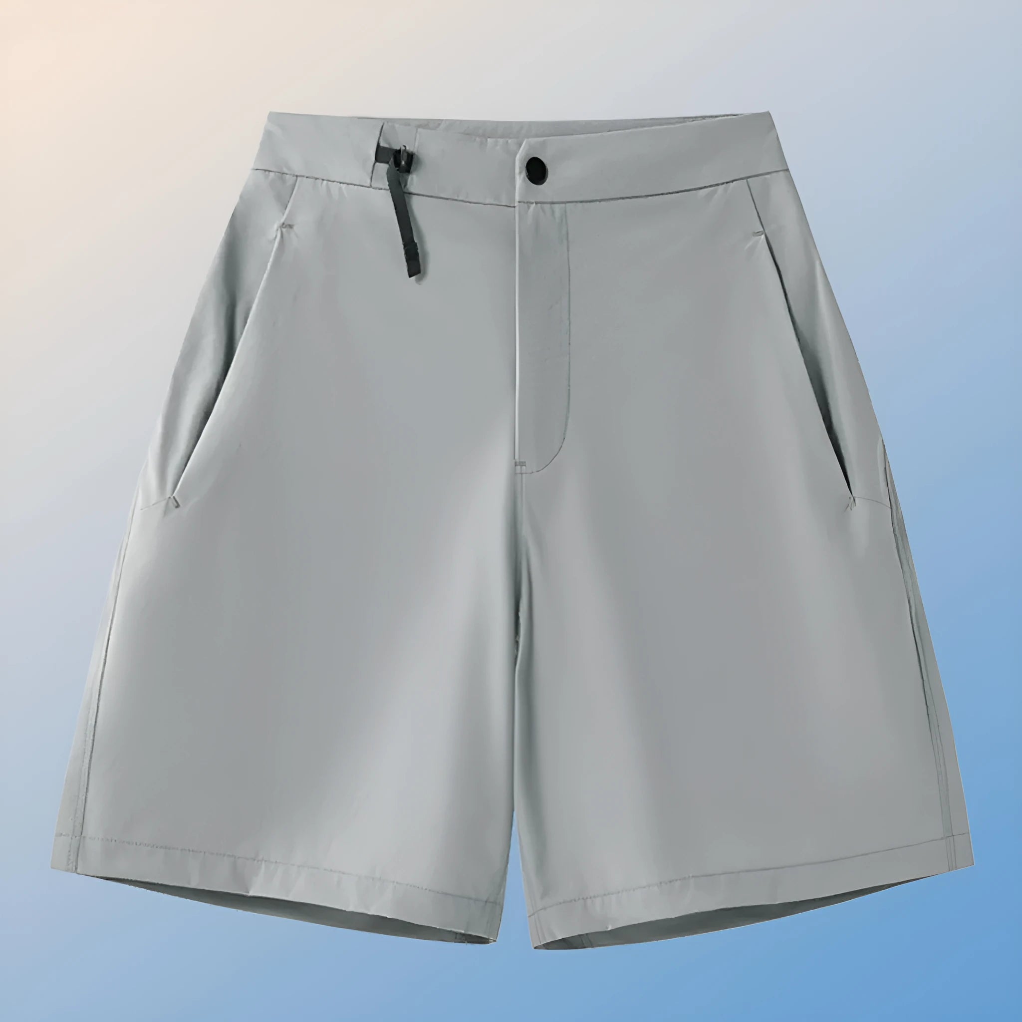Man wearing khaki 3D cut sports shorts with four-way stretch fabric during a run.