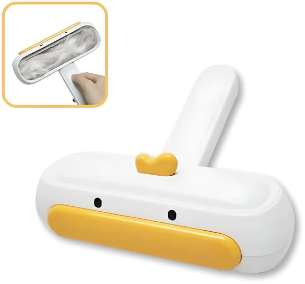 Yellow duck design portable pet hair removal hand roller with brush head.
