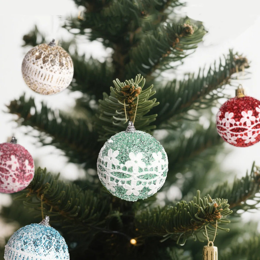 Foam Christmas tree scene pendant weaving decoration in blue, gold, green, pink, red, silver and white, 9 pack