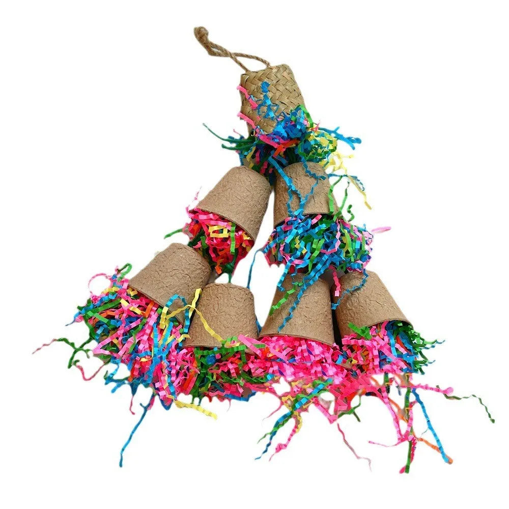 Natural palm fibre parrot chewing toy with woven paper cup design hanging at 38cm height