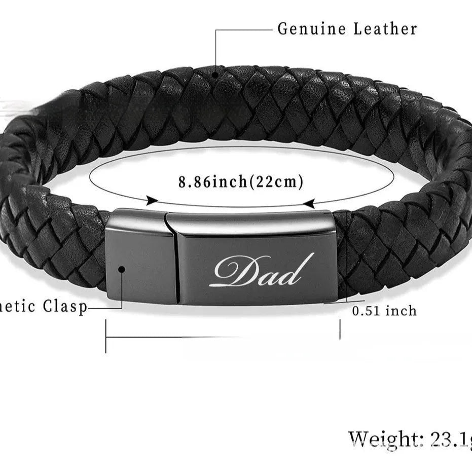 Men's black woven leather bracelet with a stainless steel casket capsule for remembrance.