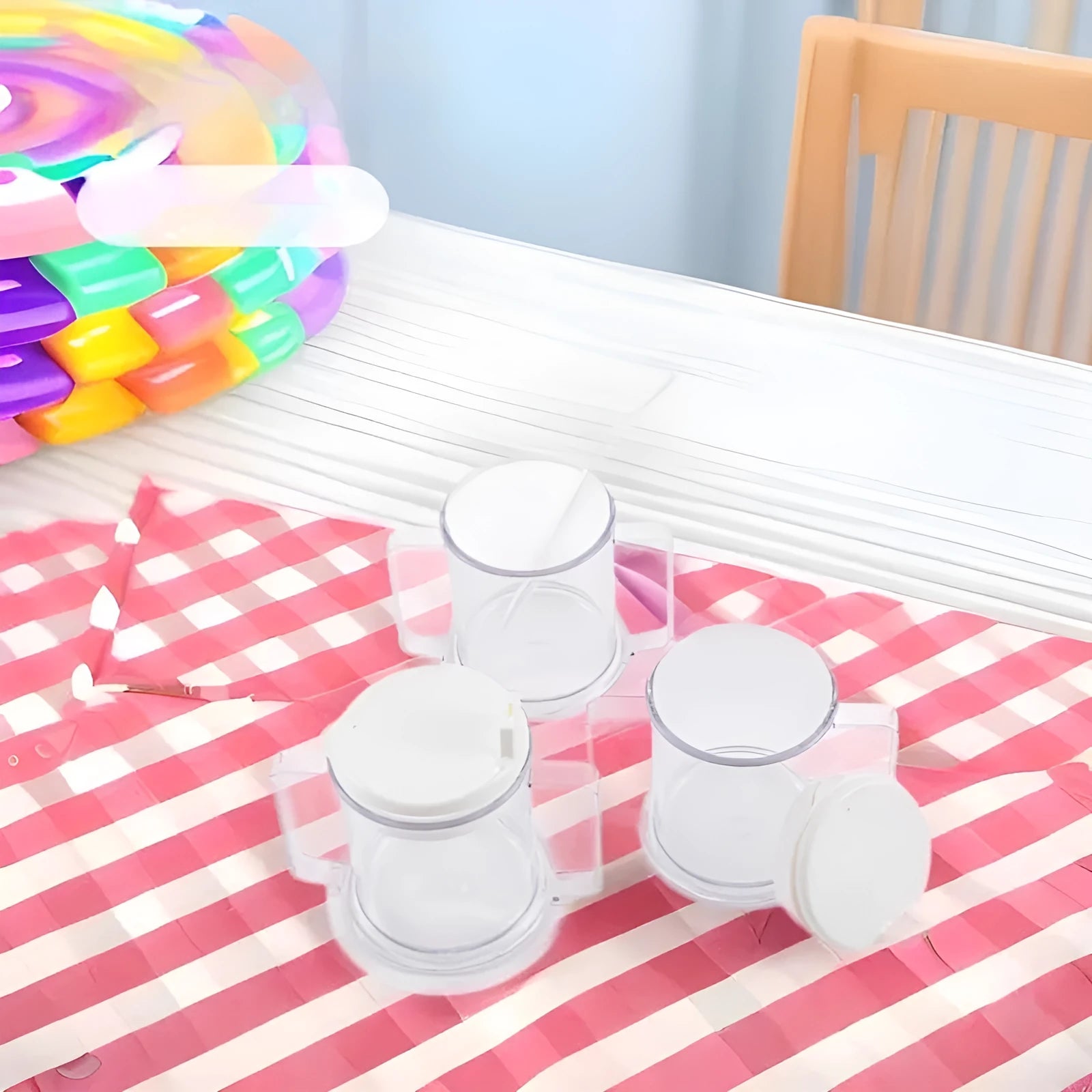Transparent spill-proof drinking cup with solid colour, 14cm height, on table