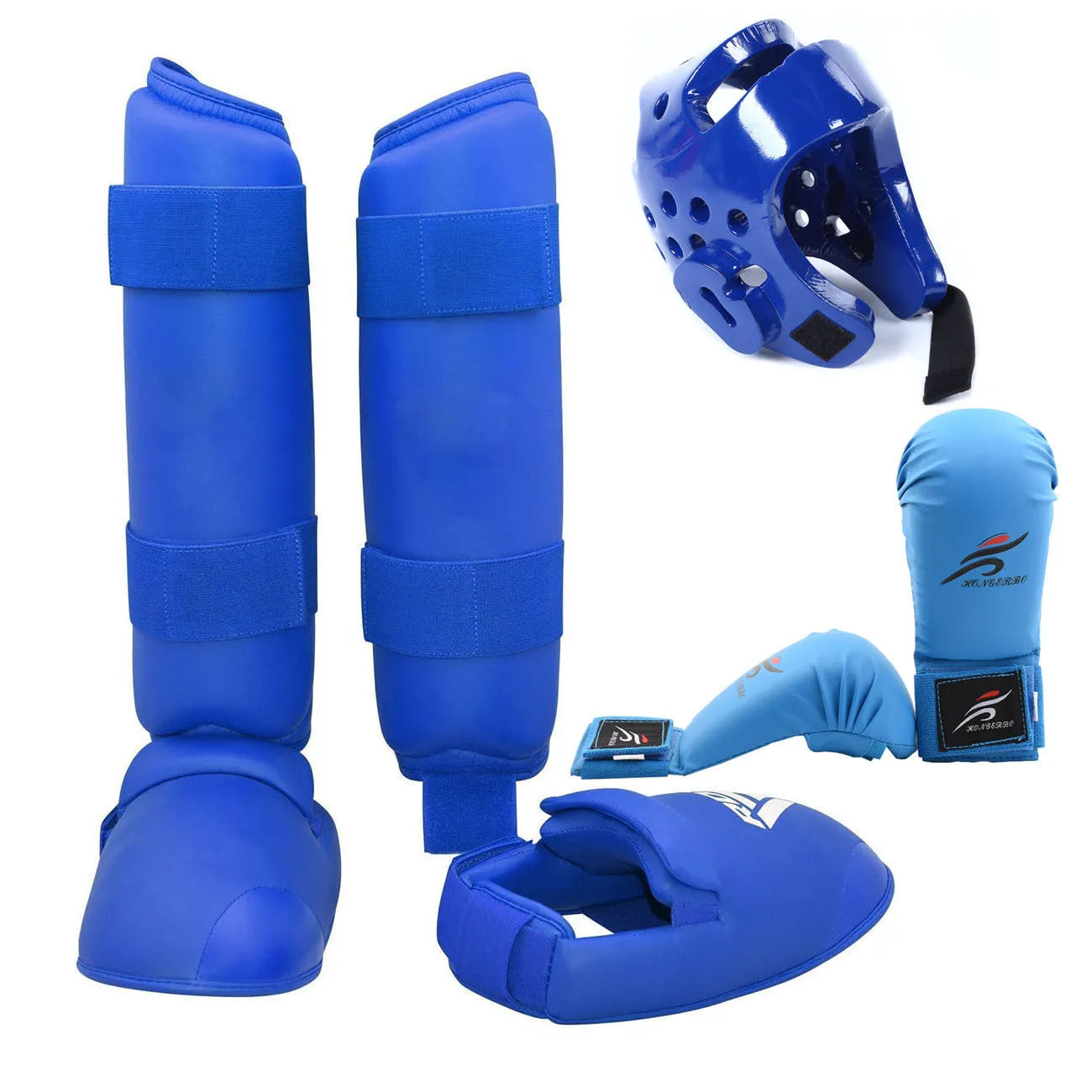 Red and blue karate taekwondo protective gear set showing leg guards, helmet, and boxing gloves