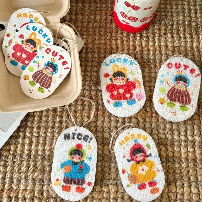 Wood pulp cellulose cartoon compression sponge disc with Little Red Riding Hood design for kitchen dishwashing