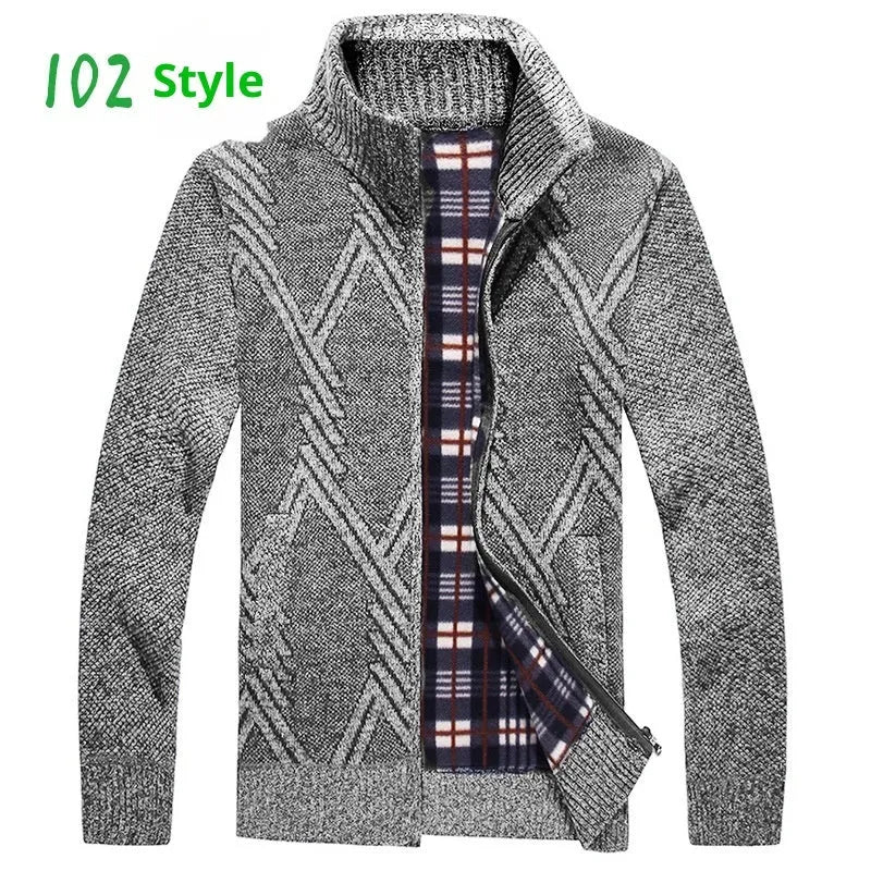 Men's thick cotton blend stand collar zipper cardigan sweater in light gray, long sleeves, size M to 3XL