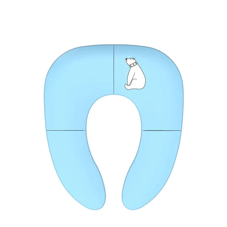 Foldable baby travel potty seat in blue with splash guard, shown folded and open on a white background