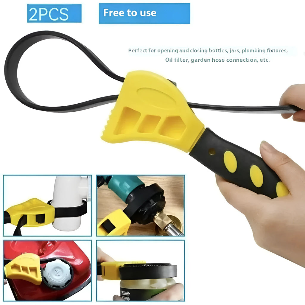 A 6-inch and 8-inch adjustable rubber strap wrench set on a workbench.