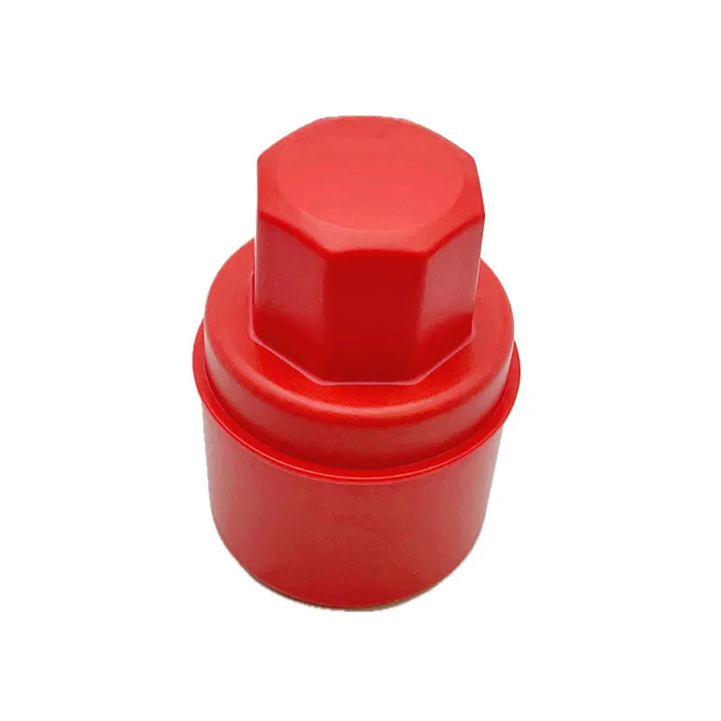 Black and red car tyre polishing sponge brushes with lids on a tyre, showing flat and curved sponge edges.