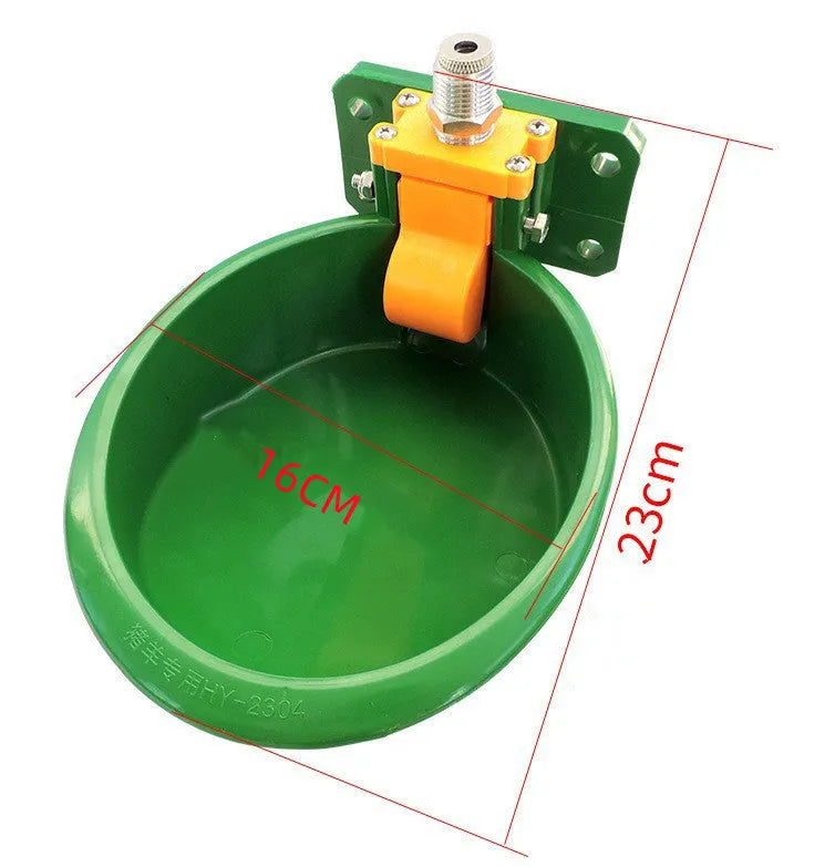 Green plastic livestock drinking bowl with water nozzle for sheep and pigs