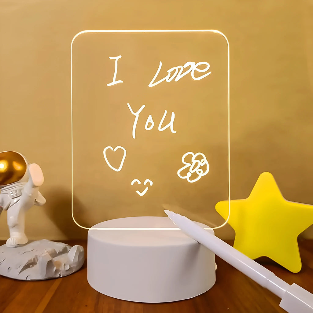 Acrylic message board night lamp with round base and warm light, four interchangeable panels, USB powered
