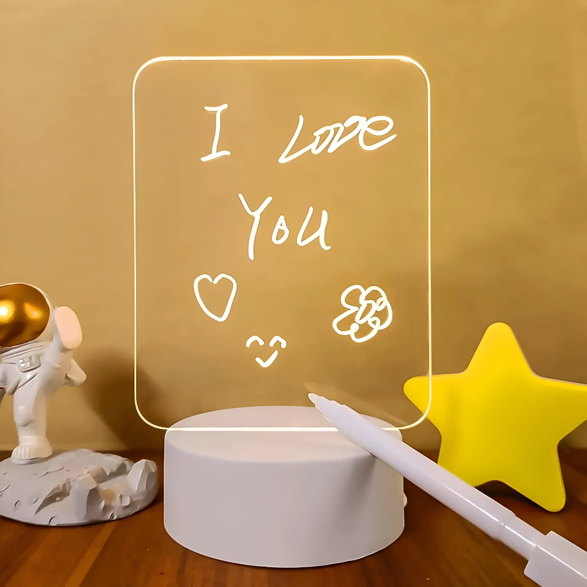 Acrylic message board night lamp with round base and warm light, four interchangeable panels, USB powered