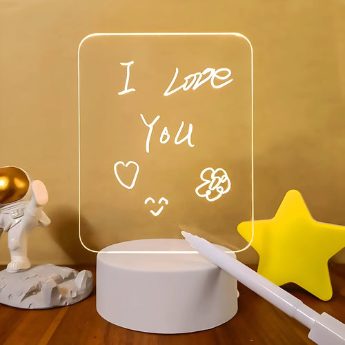 Acrylic message board night lamp with round base and warm light, four interchangeable panels, USB powered