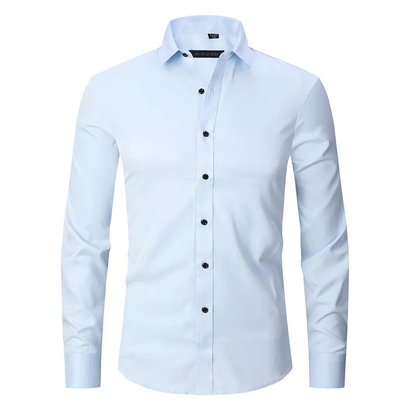 Men's stretch long sleeve work shirt in polyester, shown in multiple colour options.