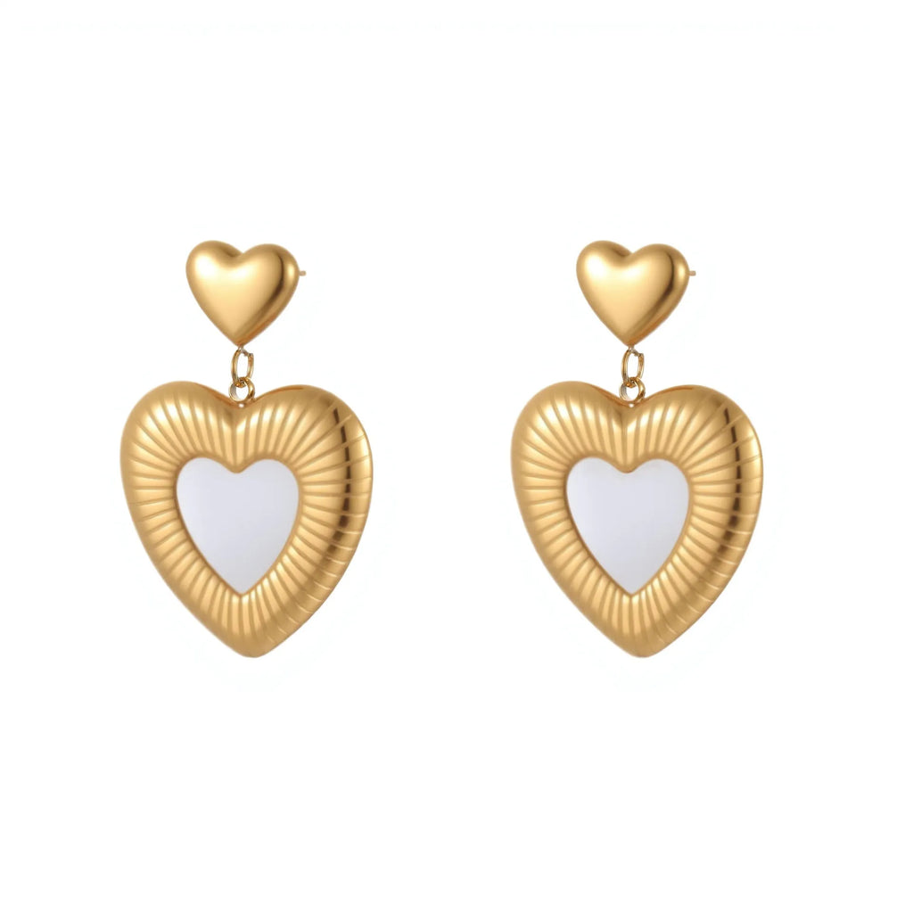 Gold-colour electroplated heart earrings with fritillary detail on stainless steel