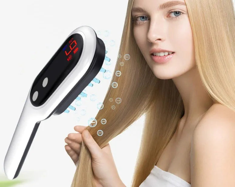 White electric head massager with red and blue light therapy, 26 soft contacts, LED display, and USB rechargeable battery