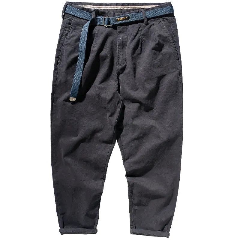 Men's Japanese-style retro loose tapered casual pants in solid colour, wool blend, mid waist, available in dark blue khaki dark brown army green black
