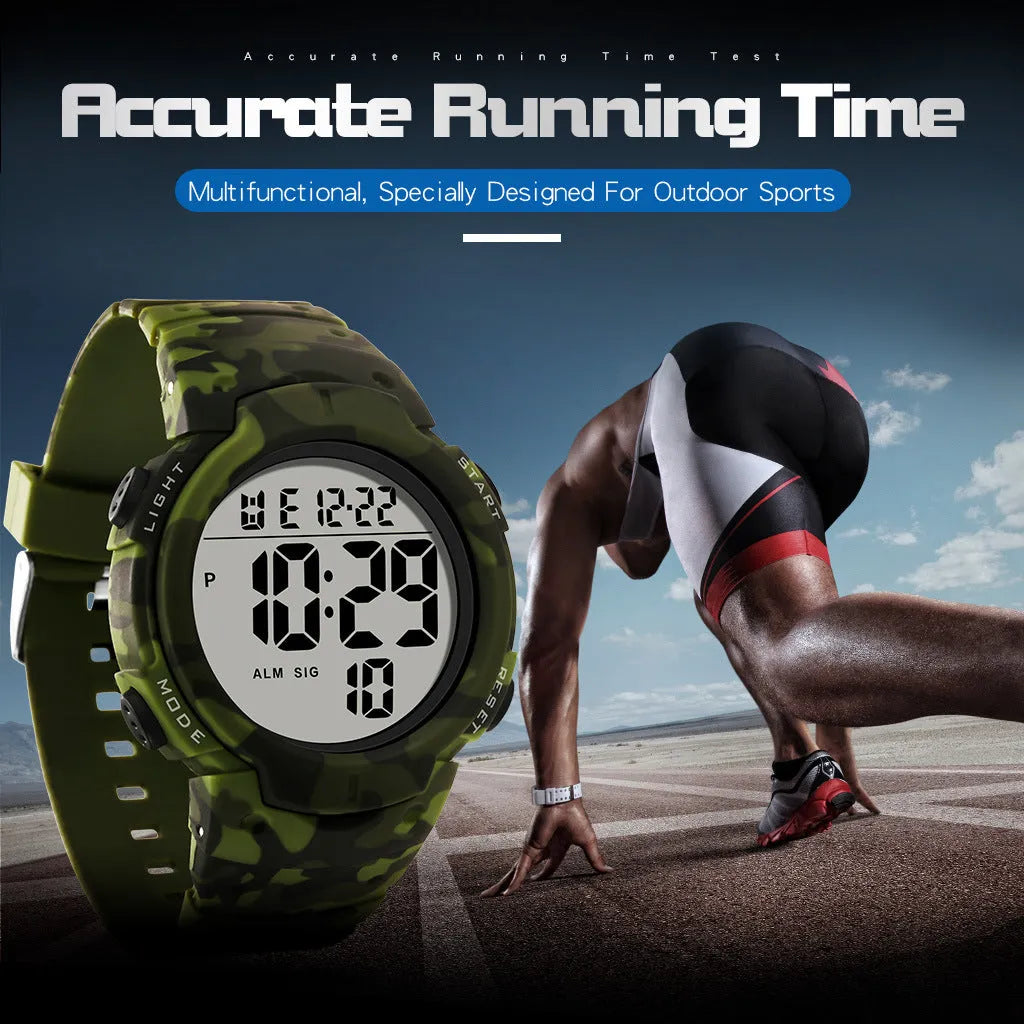 Multi-functional waterproof sports electronic watch with plastic band and stainless steel buckle on wrist