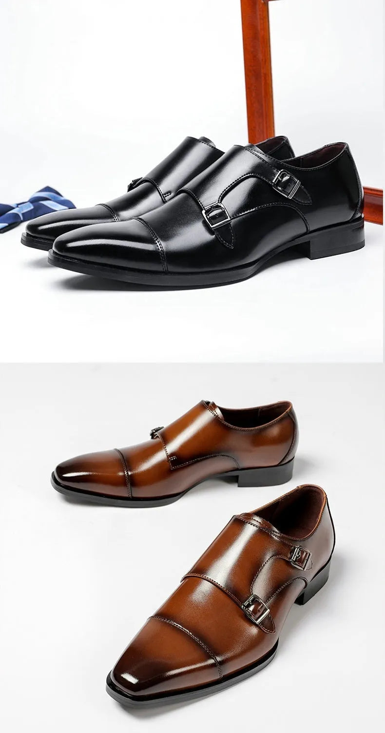 Men's black leather business shoes with square toe and rubber soles in British gentleman style