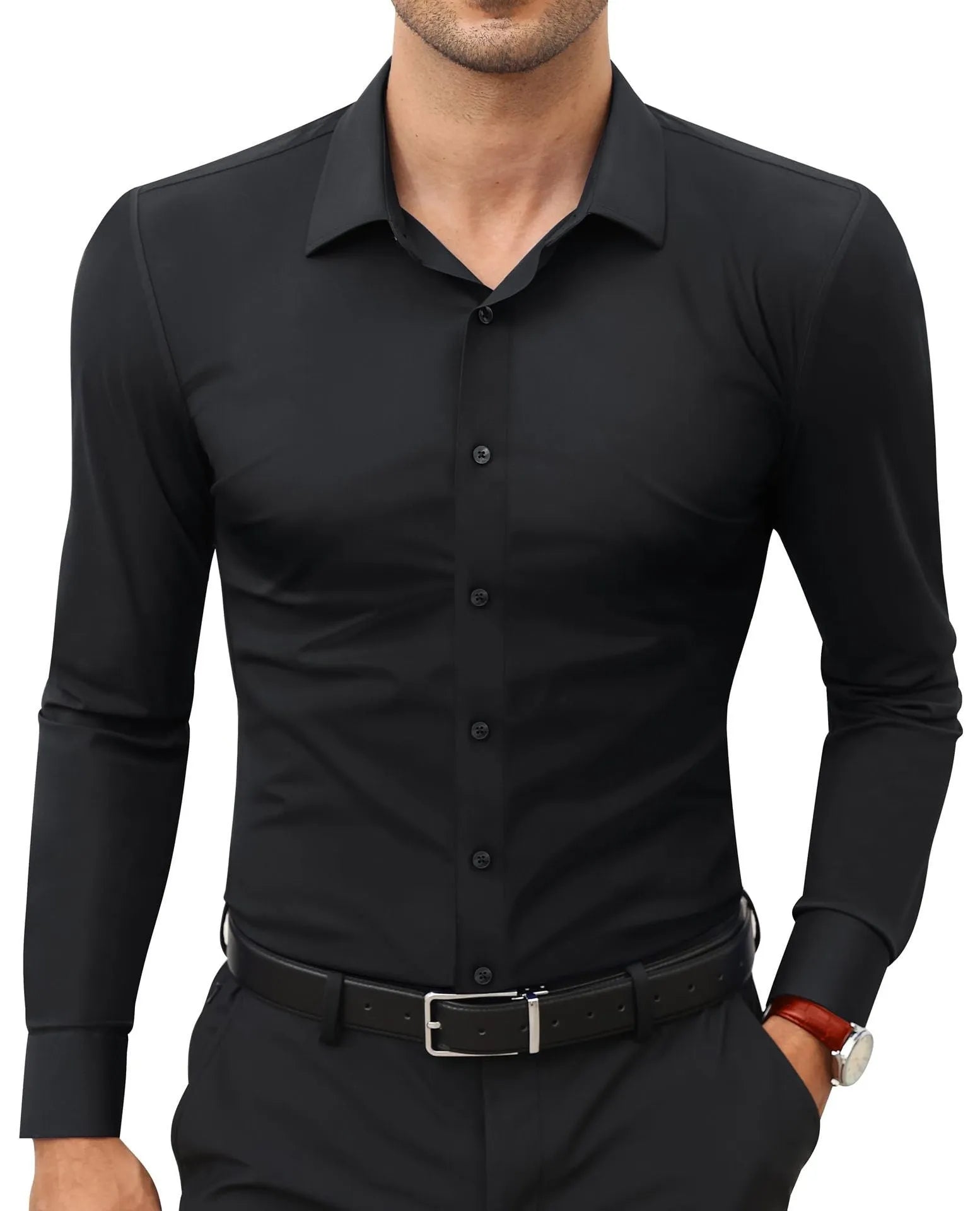 Men's long sleeve cardigan shirt in solid colour with polyester four-way stretch fabric, full elastic force construction