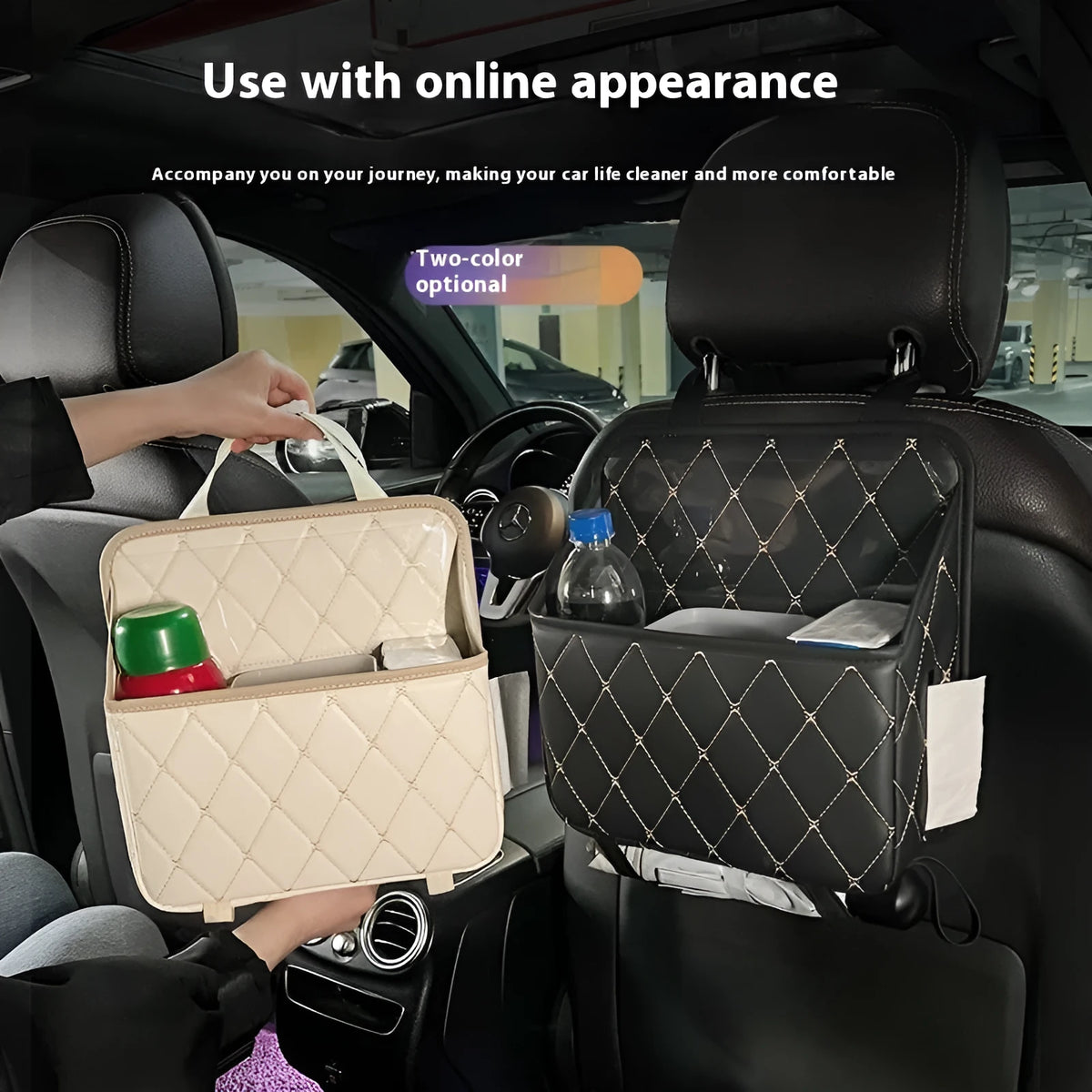 Leather hanging car storage bag and trash can in diamond lattice black or beige with waterproof function and handle