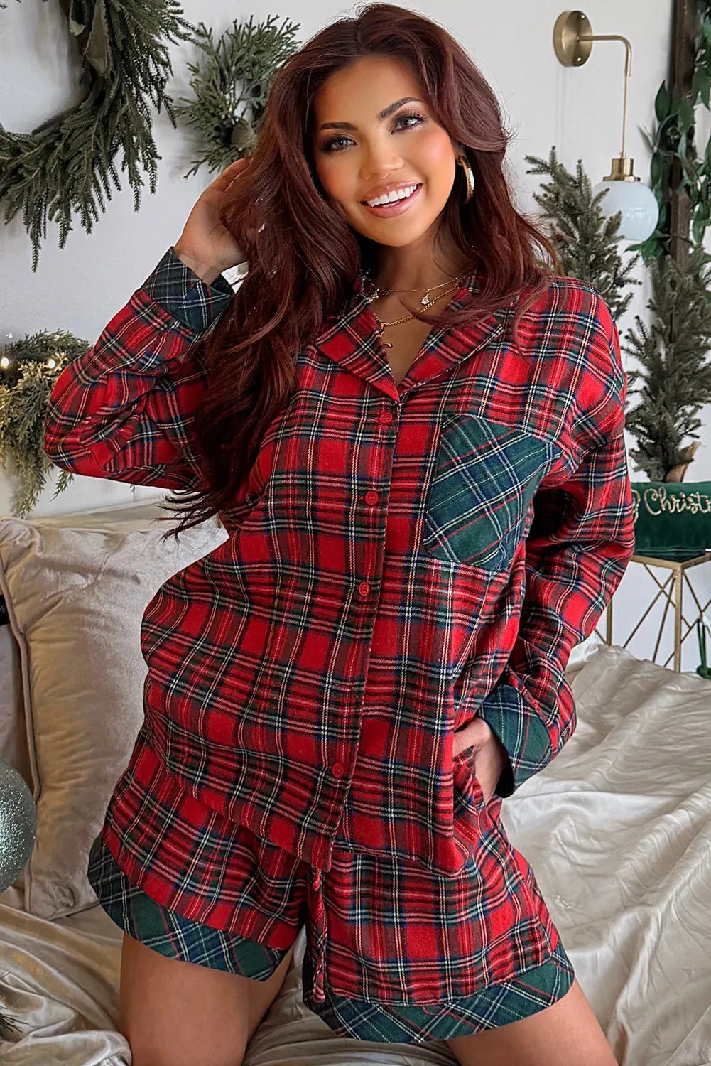 Red plaid pyjama set with contrast fabric patches on shirt and matching shorts