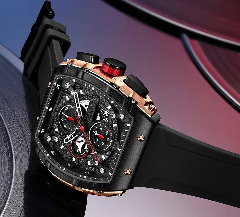 Curved mirror gradient hollow men's quartz watch with calendar, 33.38mm dial, silicone strap, black face