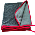 Grey microfiber car cleaning towel with black edge detailing shown in various size options