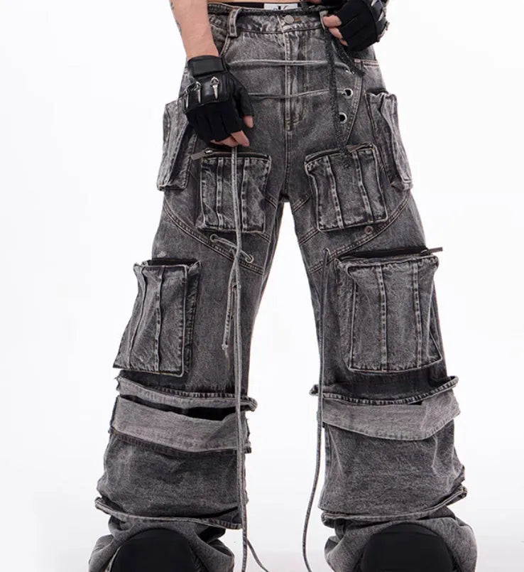 Grey denim distressed overalls with rope stitching and mop pants design