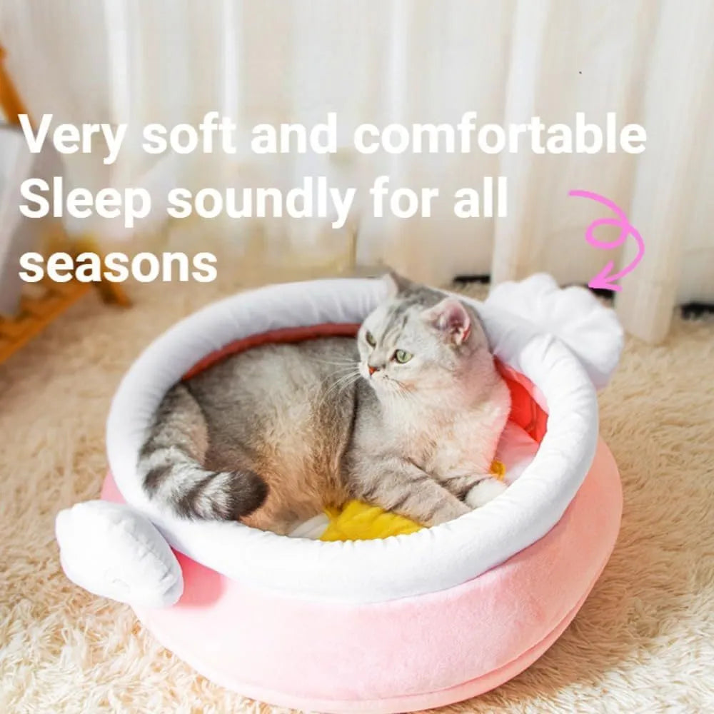Pink and yellow honey pot shaped cat sofa bed with a removable cushion for small pets.