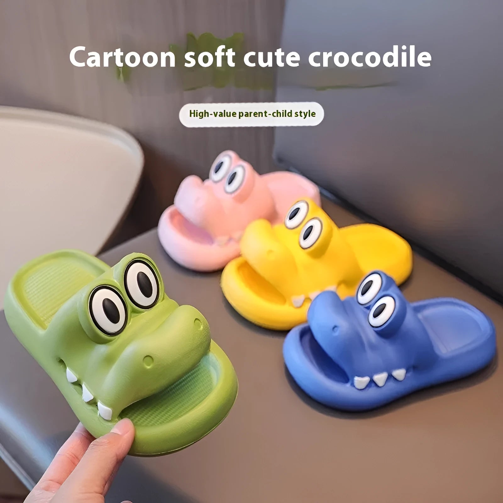 EVA platform parent and child matching sandals in an animal pattern, shown in pink, green, yellow, and blue colour options.