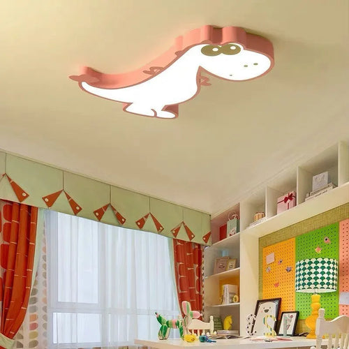 48cm cartoon dinosaur ceiling light with aluminum body and white PVC shade, showing dimmable LED lighting.