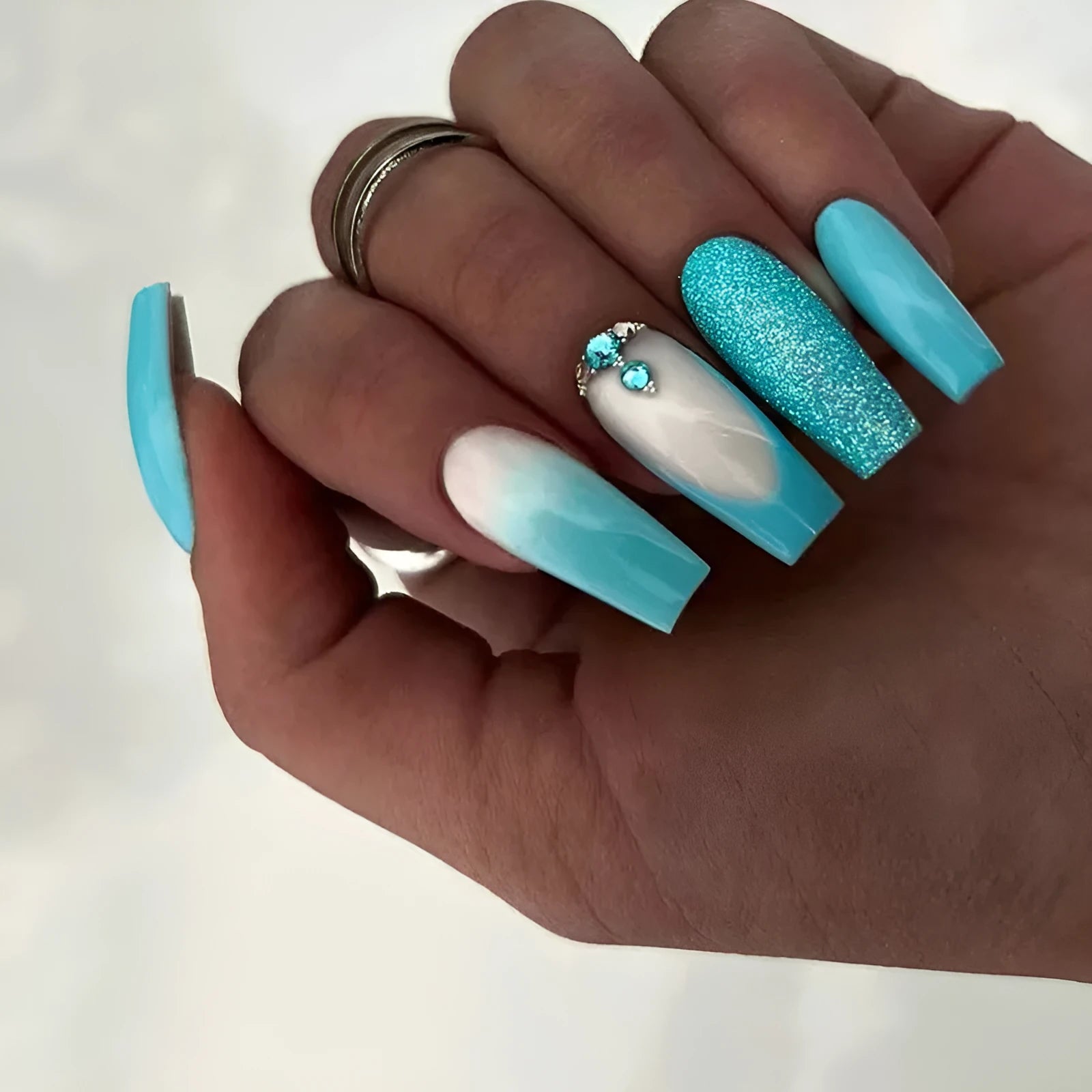 Smart blue diamond pattern on long ballet-shaped nail art patches with adhesive