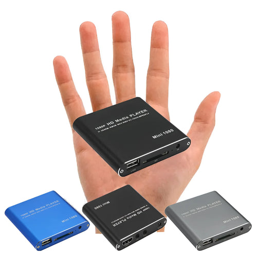 Blue or black 1080p HD media player with SD card and USB ports for video playback