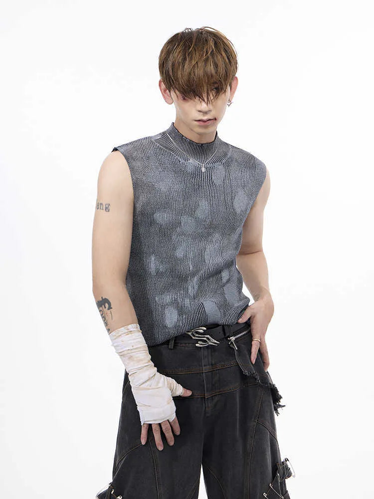 Men's black silver pastebrushing wool vest with stand collar turtleneck and sleeveless design