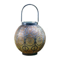 Solar-powered decorative iron courtyard lantern with warm white LED light.
